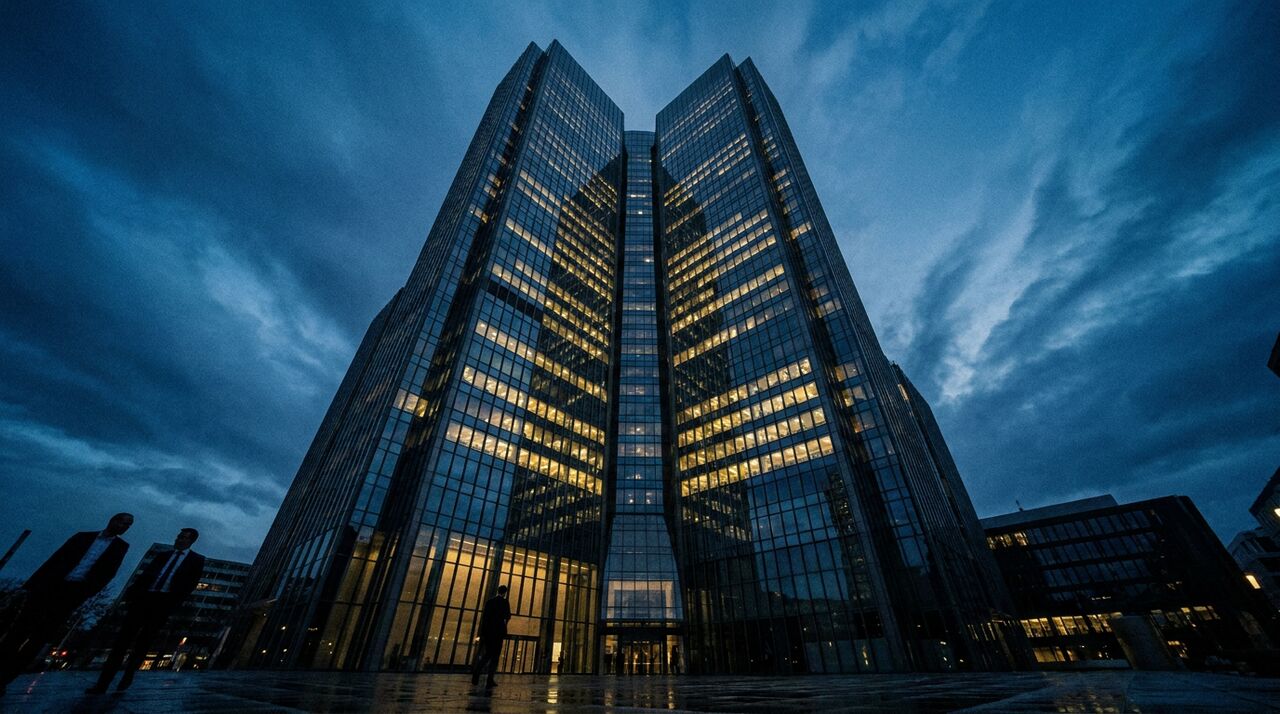 Zentralbank-Gebäude in der Dämmerung (KI-generiertes Bild)