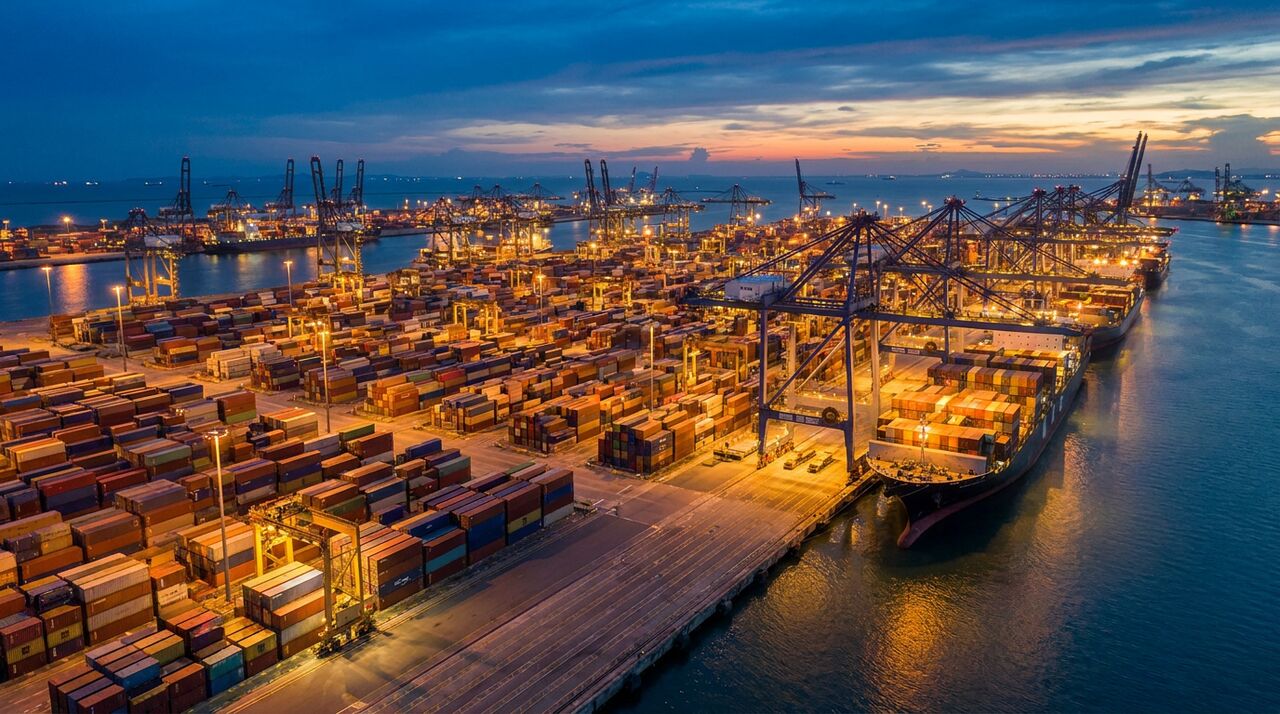 Containerhafen in der Abenddämmerung (KI-generiertes Bild)