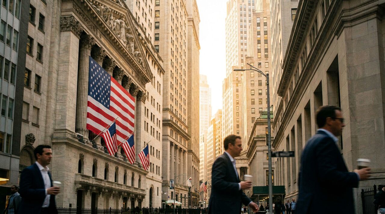 Fassade der New Yorker Börse an der Wall Street mit US-Flaggen (KI-generiertes Bild)